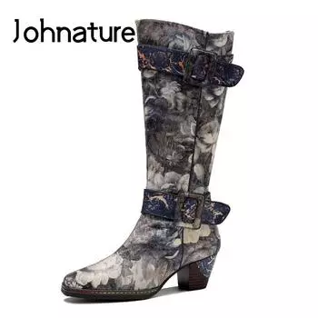 Johnature/высокие сапоги, женская обувь с принтом на молнии в стиле ретро, с круглым носком, ручной работы, для отдыха, осень-зима, лаконичные ботинки на платформе