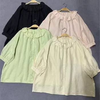 Johnature Японская повседневная рубашка с рюшами и воротником, женская летняя однобортная рубашка, топы с рукавами три четверти One Size