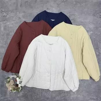 Johnature Японская стеганая одежда с круглым вырезом Осень-зима Свободная однобортная тонкая куртка с круглым вырезом для женщин One Size бежевый