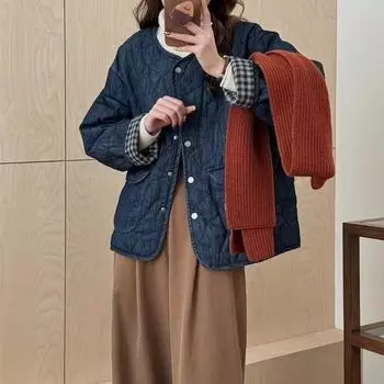 Johnature Японская винтажная куртка с круглым вырезом и длинными рукавами, женская зимняя теплая джинсовая многослойная куртка One Size синий