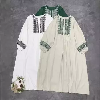 Johnature Японская вышивка Круглый вырез Хлопок Длинные рукава Платья Повседневные Простые Свободные Женские Платья Осень One Size зелёный