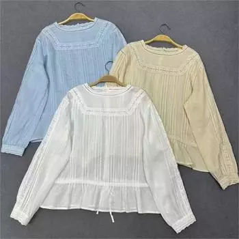 Johnature Японские кружевные рубашки с вырезом на шее, весна-лето, прессованные вставки, пуловеры из рами, тонкие свободные повседневные рубашки для женщин One Size белый