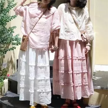 Johnature Японские лесные прессованные плиссированные юбки свободные кружева большой подол винтажные юбки Mori лето One Size чёрный