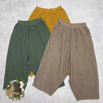 Johnature Японские полосатые повседневные брюки весна-лето свободные широкие женские шаровары длиной до щиколотки One Size зелёный