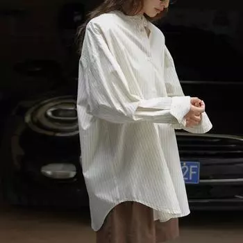 Johnature Японские простые полосатые рубашки без воротника, весенние свободные длинные повседневные тонкие женские топы