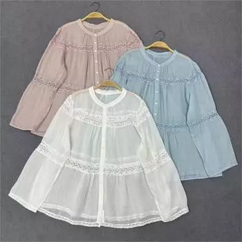 Johnature Японские тонкие кружевные рубашки с длинными рукавами, осенние повседневные простые свободные повседневные топы для женщин One Size розовый