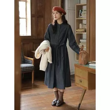 Johnature Японский литературный круглый вырез темно-синего цвета с завязкой и круглым вырезом, длинные рукава, платья, весеннее повседневное платье для женщин S