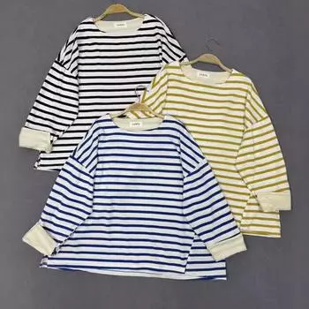 Johnature Японский повседневный стиль Круглый вырез Полосатый хлопковый горизонтальный свободный футболка Женщины пэчворк Длинные рукава Топы One Size синий