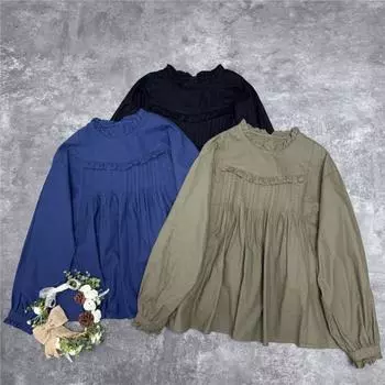 Johnature Японский прессованный плиссированный деревянный воротник-ушанка с длинными рукавами рубашки оборки свободные повседневные однотонные женские топы One Size армия зеленый