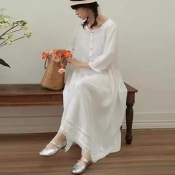 Johnature Японский ретро летний кружевной лацкан плиссированное платье повседневные тонкие свободные платья с коротким рукавом для женщин One Size