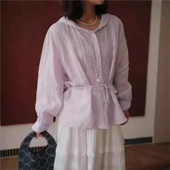 Johnature Японский темно-синий воротник кружева рубашки с длинными рукавами женские летние завязки на талии свободные универсальные топы One Size слоновая кость