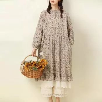 Johnature Японский Винтажный Принт Лоскутное Кружевное Платье Весна Свободные Карманы Оборки Женское Платье One Size бежевый