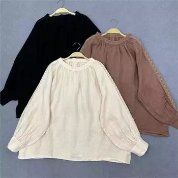 Johnature Японский винтажный круглый вырез лоскутное кружево свитер рубашка женская осень свободные винтажные повседневные рубашки One Size