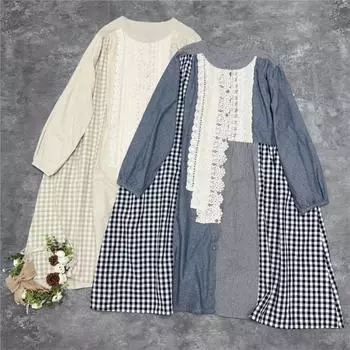 Johnature Японское кружевное лоскутное клетчатое хлопковое платье в винтажном стиле с длинным рукавом в клетку Осенние платья для женщин One Size чёрный