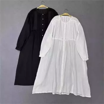 Johnature Японское осеннее платье с гармошкой и кружевными складками с длинными рукавами Винтажное повседневное свободное простое женское платье One Size чёрный