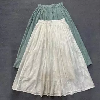 Johnature жаккардовая юбка с эластичной резинкой на талии, женские летние японские повседневные однотонные свободные льняные юбки