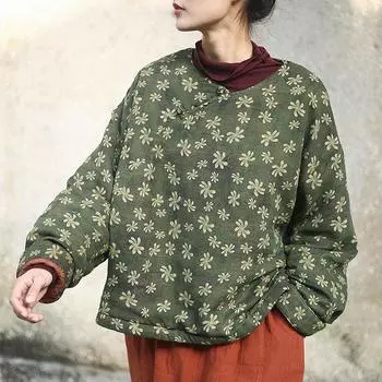 Johnature Женщина Осенний принт О-образный вырез Китайский стиль Контрастная пряжка Стеганая одежда Свободные винтажные ретро Стеганые топы One Size