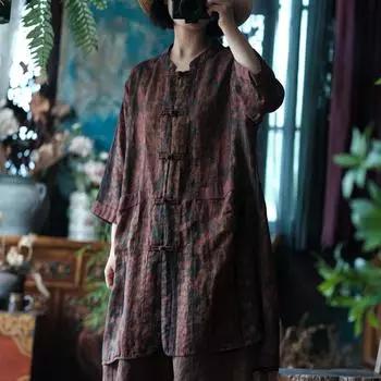 Johnature Женщины Китайский Стиль Принт Цветочные Рубашки Топы Стойка Длинный Рукав Осенние Блузки Пуговица Карманы Женские Рубашки One Size