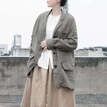 Johnature Женщины Льняные винтажные куртки Отложной воротник с длинным рукавом Пуговицы Пальто Осень Однотонные карманы Женские куртки