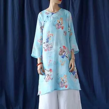 Johnature Женщины Ramie 2021 Осень Винтаж Женские топы Пуговицы Китайский стиль Рубашка One Size светло-синий