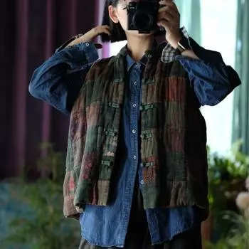 Johnature Женщины Винтаж Лоскутное Цветные Жилеты Пальто Стойка Пуговиц Китайский Стиль Осенние Жилеты Пальто One Size зелёный