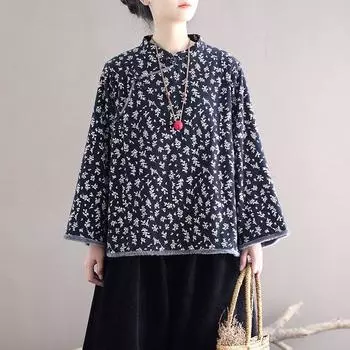 Johnature женская бархатная хлопковая одежда с пряжкой и цветочным принтом, свободные пальто с длинными рукавами, зимнее пальто в китайском стиле M чёрный