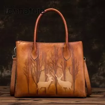 Johnature женская большая сумка из натуральной кожи, роскошная сумка большой емкости, винтажные сумки на плечо с животным принтом, повседневная сумка-тоут