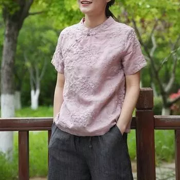 Johnature Женская футболка с вышивкой SpringNiche, модная индивидуальная футболка с короткими рукавами и винтажным воротником L белый