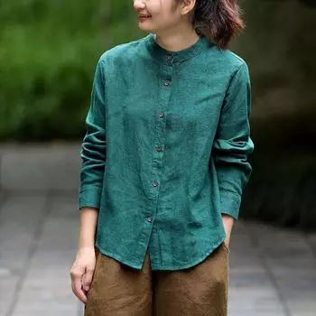 Johnature женская льняная рубашка песочного цвета с круглым вырезом, свободные однотонные рубашки с длинными рукавами и пуговицами, весенняя винтажная простая блузка M зелёный