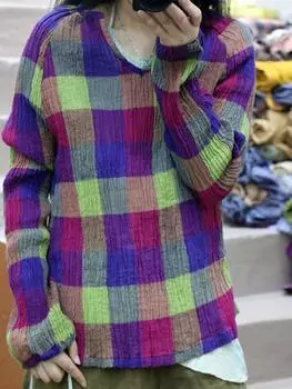 Johnature женская льняная свободная клетчатая футболка в японском стиле с длинным рукавом повседневный пуловер весенние простые футболки One Size синий