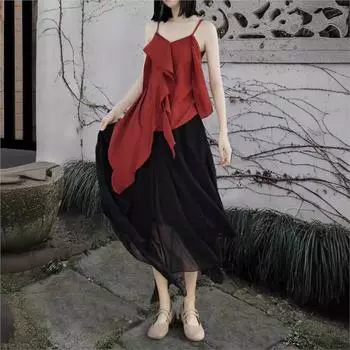 Johnature Женская летняя мода Devise Niche Arregular Splice Юбка-трапеция Однотонная винтажная юбка One Size чёрный