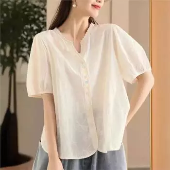 Johnature Женская летняя модная рубашка из хлопка с вышивкой и короткими рукавами в китайском стиле, винтажная однотонная свободная рубашка One Size белый