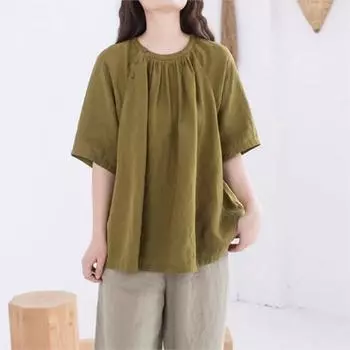 Johnature Женская летняя модная винтажная свободная футболка с короткими рукавами, однотонная повседневная футболка с коротким рукавом и круглым вырезом S зелёный