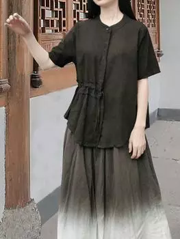 Johnature женская летняя нишевая винтажная свободная однотонная модная повседневная футболка в китайском стиле в стиле ретро One Size