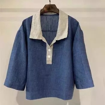 Johnature Женская летняя повседневная футболка с отложным воротником и семью рукавами в стиле пэчворк на пуговицах One Size синий