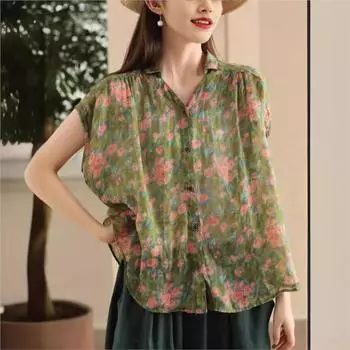 Johnature Женская летняя рубашка свободного покроя в китайском стиле с винтажным принтом, однобортная, с короткими рукавами, повседневная рубашка L