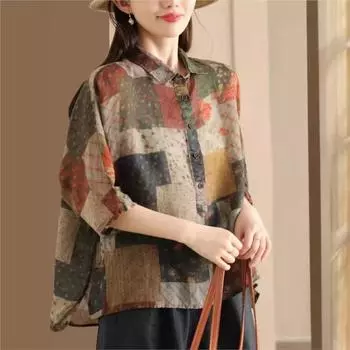 Johnature Женская летняя рубашка в винтажном стиле с отложным воротником и принтом Niche Personality, свободная рубашка с коротким рукавом L