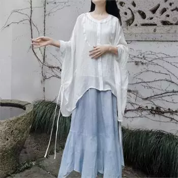 Johnature Женская летняя свободная рубашка с завязками на шнурке, однобортная однотонная рубашка One Size белый