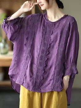 Johnature женская лоскутная кружевная блузка однотонная рубашка с длинным рукавом весенние винтажные рубашки One Size фиолетовый