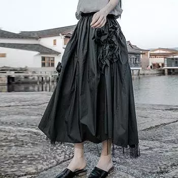 Johnature женская лоскутная кружевная юбка с цветочным принтом, хлопковая однотонная одежда с эластичной резинкой на талии, осенние винтажные юбки One Size чёрный