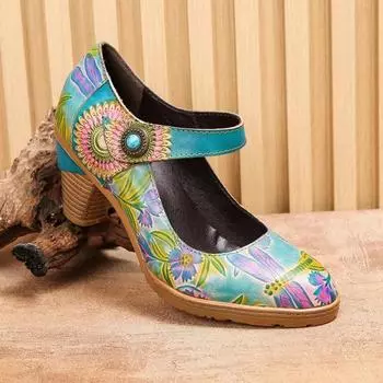 Johnature/женская модная обувь на высоком каблуке с ручной росписью, винтажные туфли-лодочки с цветочным узором, женская обувь с круглым носком на липучке 36 синий
