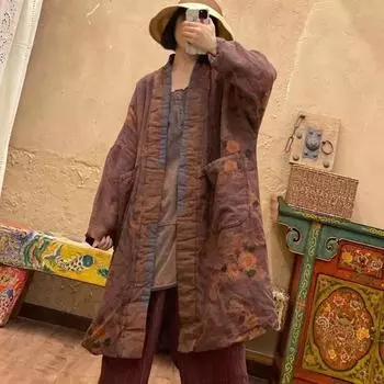 Johnature женская модная винтажная льняная свободная хлопковая одежда с принтом, хлопковая одежда с длинными рукавами, парки, пальто One Size