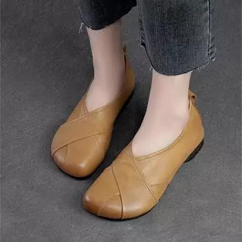 Johnature/Женская обувь без шнуровки в стиле ретро, повседневные лоферы на мягкой подошве с круглым носком, туфли на плоской подошве из натуральной кожи 35 светло-коричневого