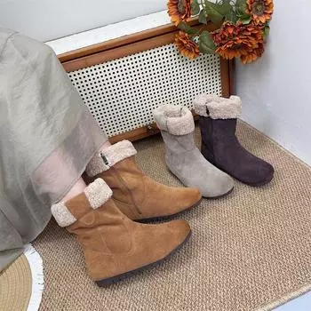 Johnature Женская обувь из матовой коровьей кожи, зимние теплые плюшевые короткие сапоги, универсальные плоские зимние сапоги 35 легкие хаки