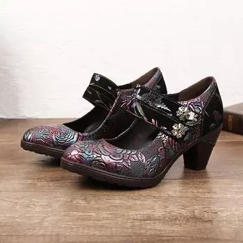 Johnature/женская обувь из натуральной кожи в этническом стиле с цветочным принтом, женская обувь с круглым носком, модная обувь ручной работы на высоком каблуке с принтом