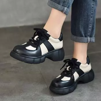 Johnature Толстая подошва ретро натуральная кожа женские туфли лодочки круглый носок шнуровка смешанные цвета платформа туфли 38 чёрный