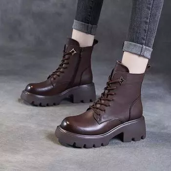 Johnature Женская обувь из натуральной кожи, универсальные короткие ботинки с круглым носком и шнуровкой на толстом каблуке 35 коричневый