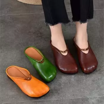 Johnature Женская обувь из натуральной кожи, плоские тапочки с круглым носком, универсальные повседневные однотонные уличные шлепанцы 35 жёлтый