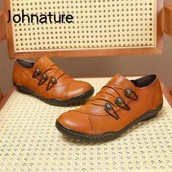 Johnature женская обувь на плоской подошве из натуральной кожи на молнии с круглым носком Осенняя неглубокая повседневная женская обувь ручной работы в стиле ретро в стиле ретро