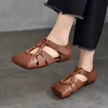 Johnature Женская обувь на плоской подошве из натуральной кожи с квадратным носком в стиле ретро, римские сандалии на мягкой подошве